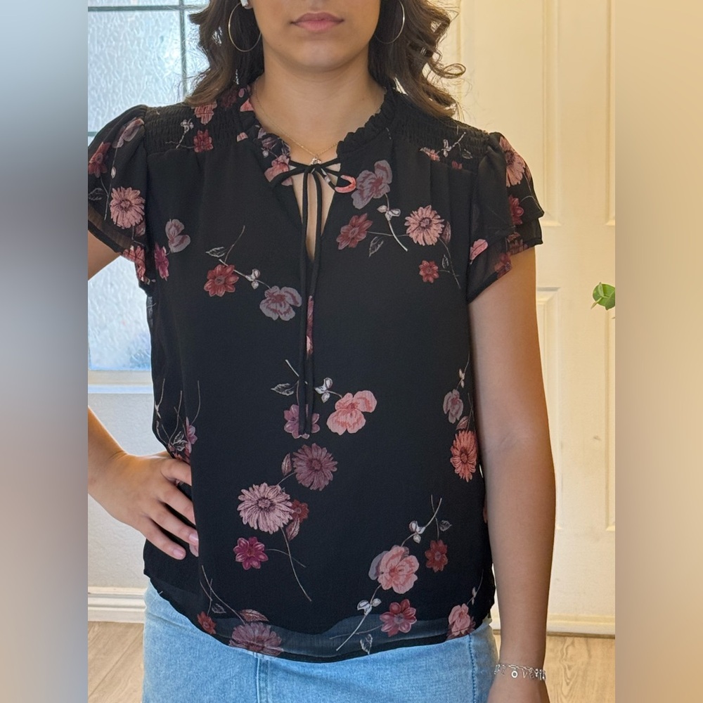 CeCe Black Blouse with Pink Floral Design